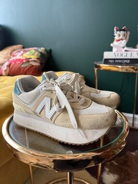 New Balance Cream and Teal Platform Sneakers